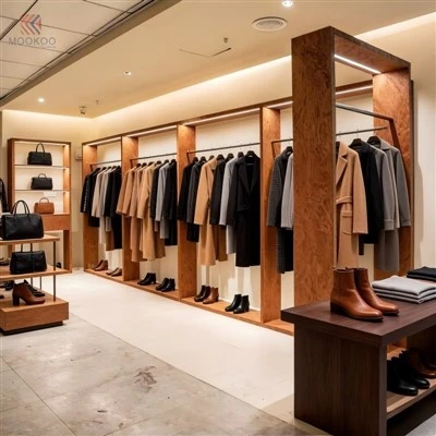 Csúcsminőségű MOOKOO személyre szabott fémruha kijelző állvány LED világítás halcsont mintás butik kiskereskedelmi üzlet modern bútor