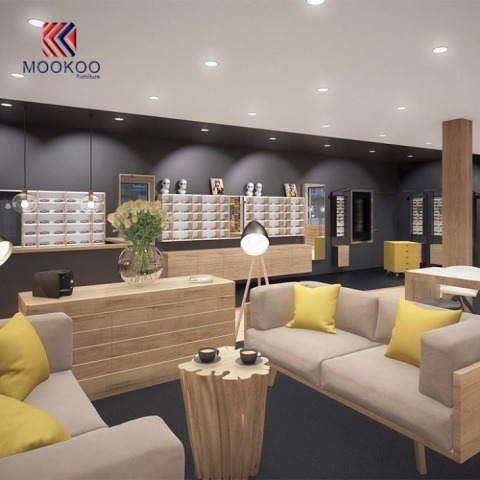 3D-s napszemüveg bolt fa szekrények bemutatóterem belsőépítészet