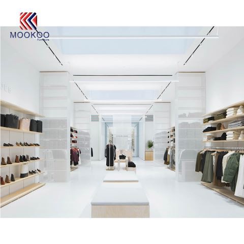 Fa ruházati üzlet vitrinek falra szerelt vitrinek polcjára és szekrényére a MOOKOO-tól